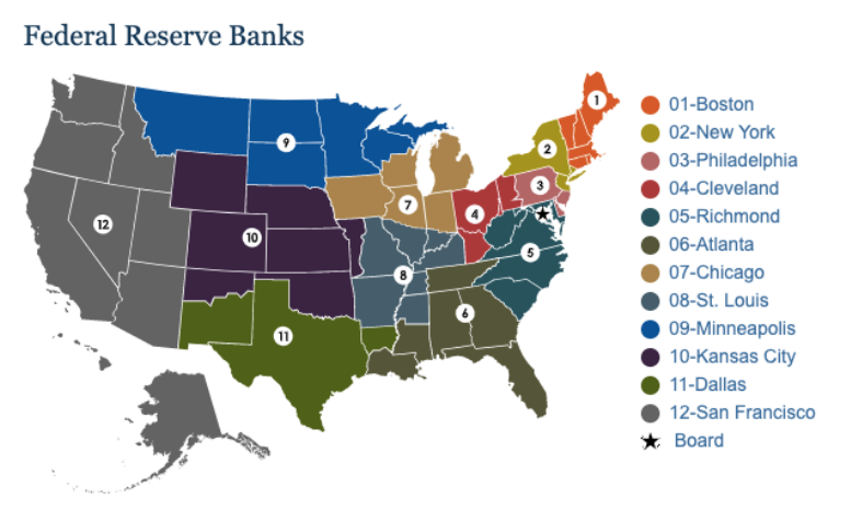聯邦儲備銀行分行美國設有12個聯邦儲備區